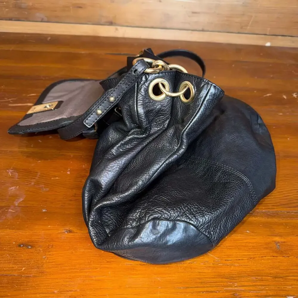 J. Crew Brompton Hobo Flap Bag Purse Satchel Black Pebbled Leather Large